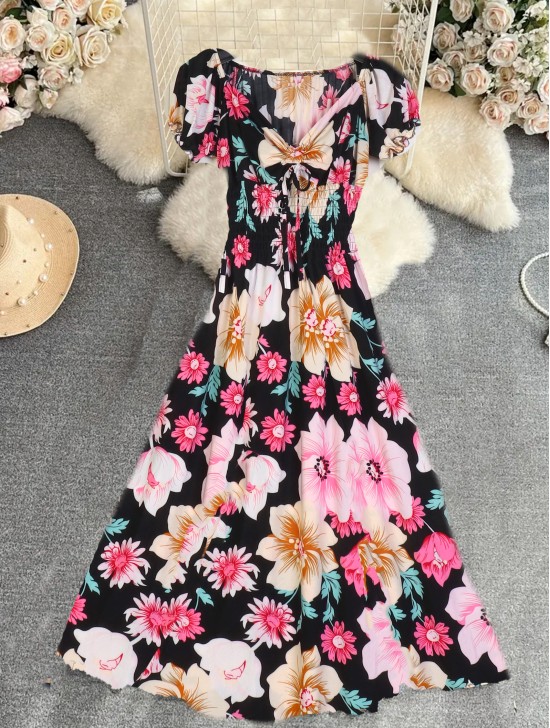 Floral V -Neck Short Sleeved Summer Dress